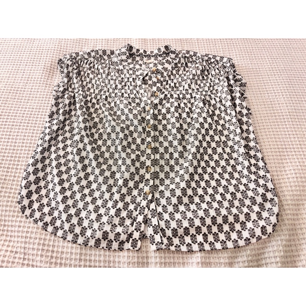 Anthropologie Black & White Printed Smocked Blouse